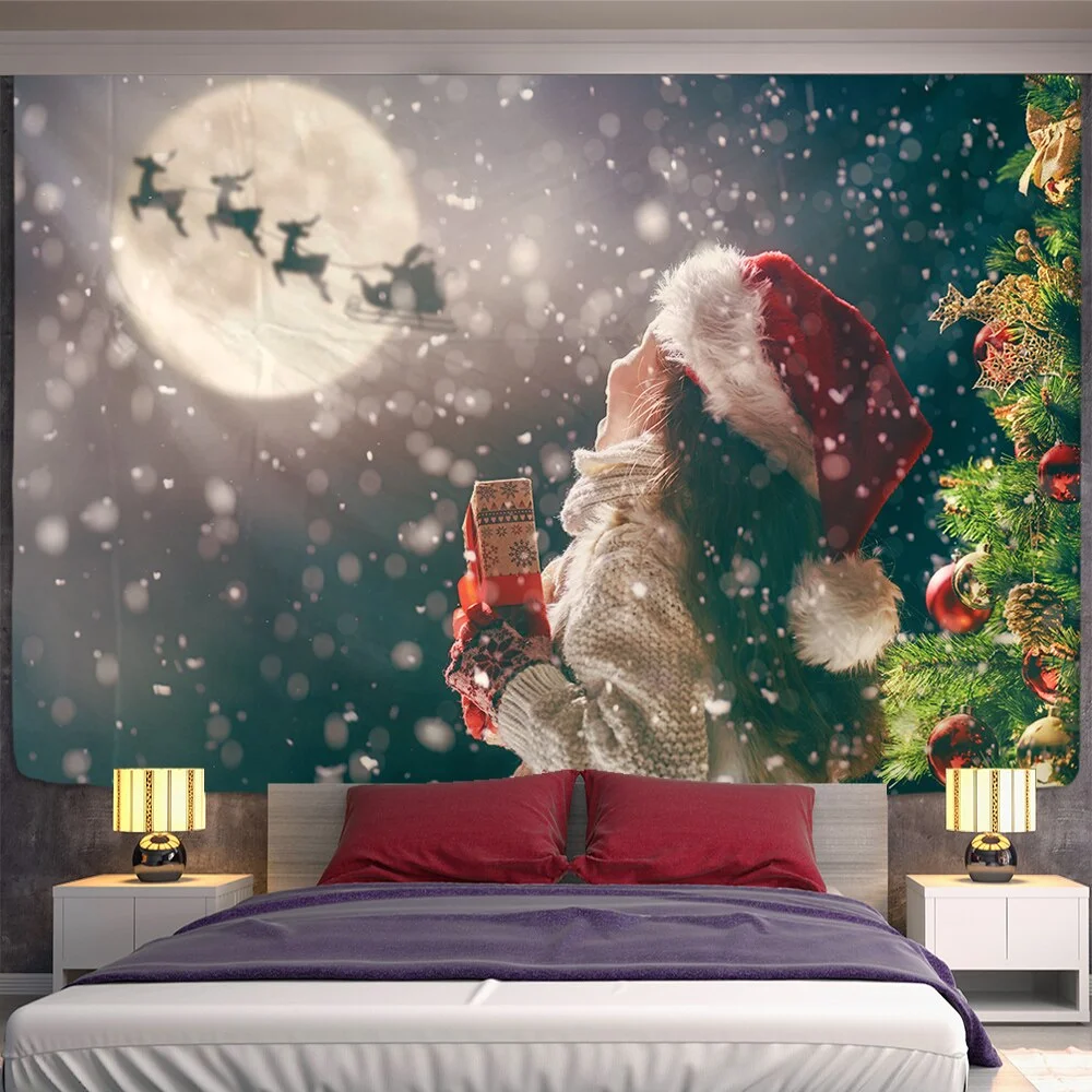 Xmas Art Wall Hanging Tapestry Santa Claus And Snow Christmas Deer Backdrop Home Room Decoration Gift
