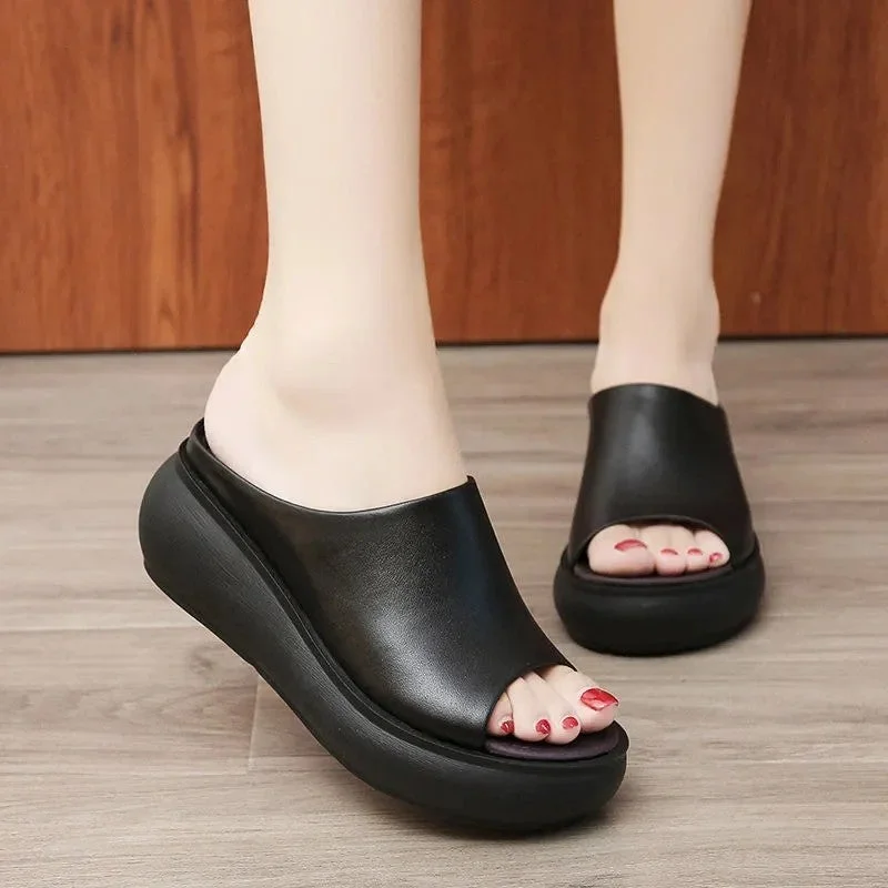 Women Sandals 7.5cm Platform Wedges Women's Shoes Thick Heel Open Peep Toe Sandals Leather Summer Style Slide Black Shoes