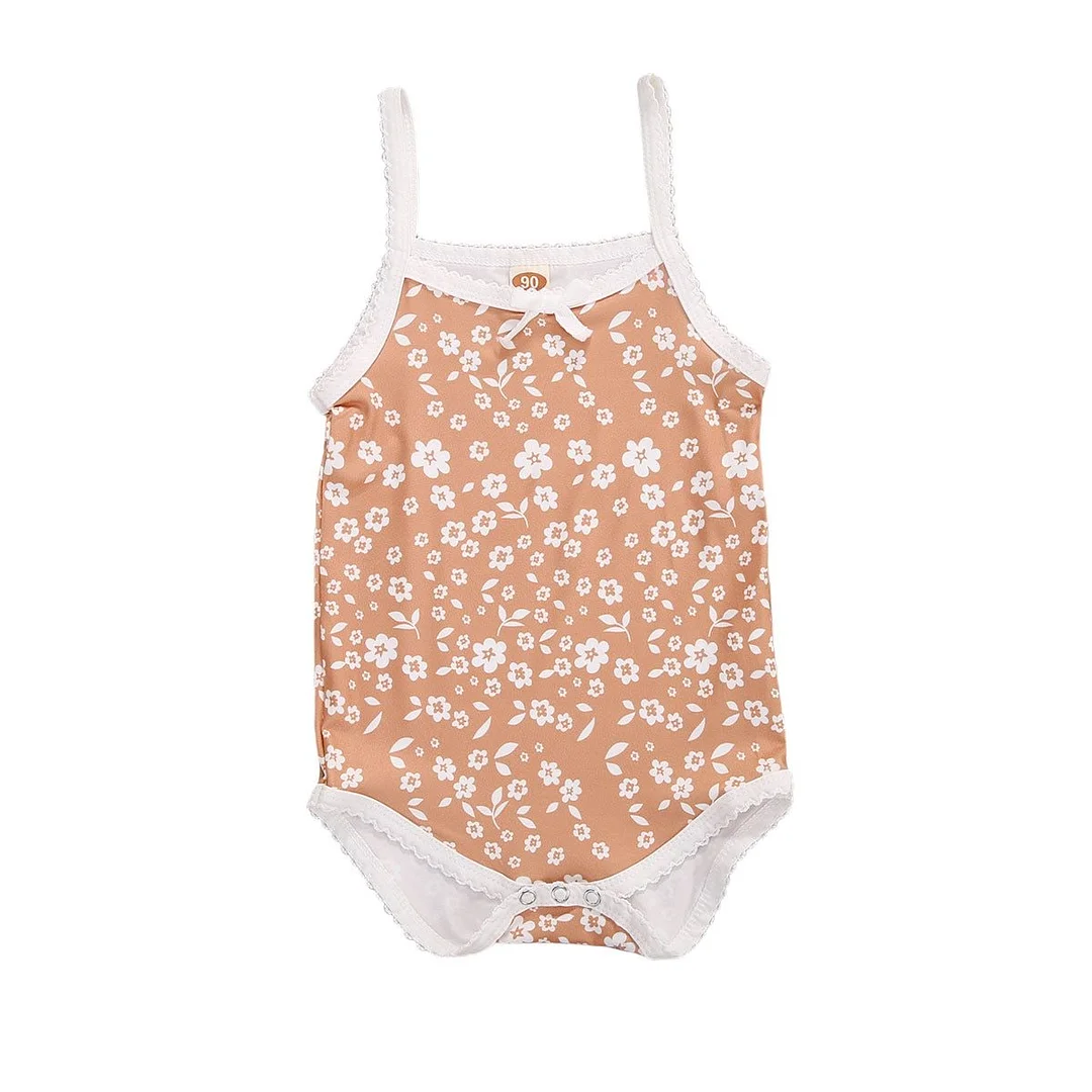 Infant Camisole Romper Floral Print Bow Decoration Bottom Buckle Summer Cool Lace Clothing