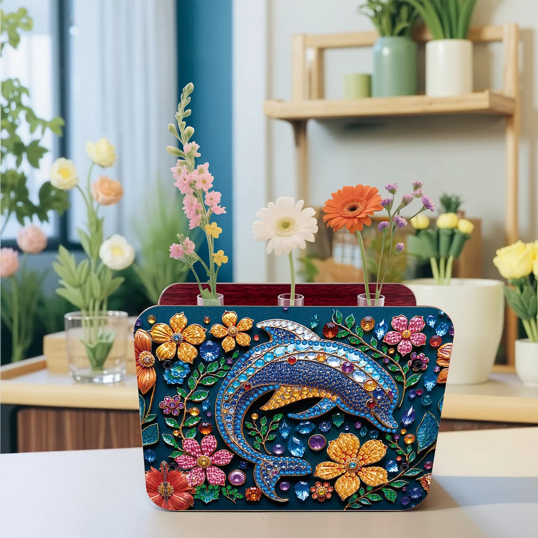 Dolphin DIY Flower Vase Wooden Double Sided Desktop Diamond Art Kit Home Decor
