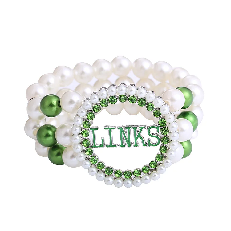 New Arrival Handmade Stretch Women Three Layers White Green Pearl Sisterhood Union White Rose Greek Sorority Links Bracelets