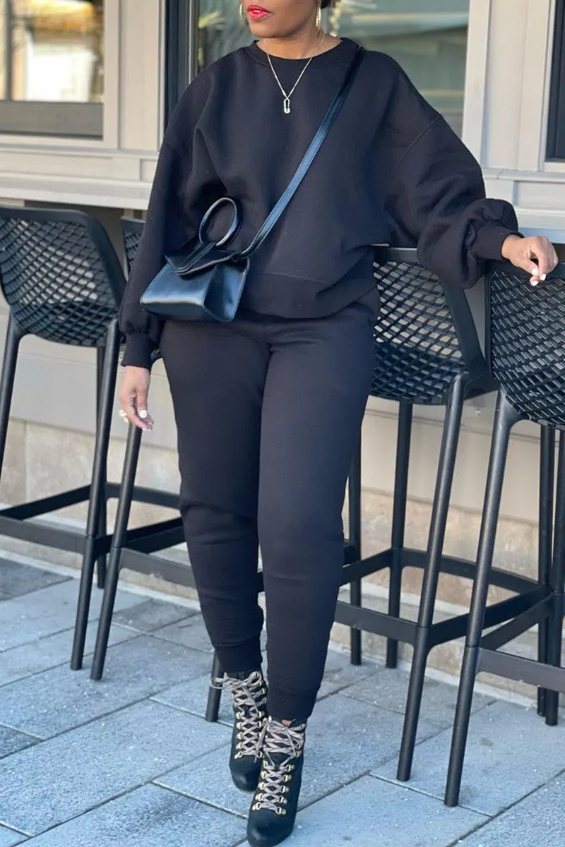 Casual Living Solid Weave O Neck Long Sleeve Two Pieces main image 0