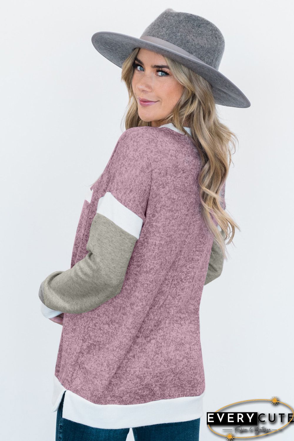 Splicing Sleeve Pink Knit Top