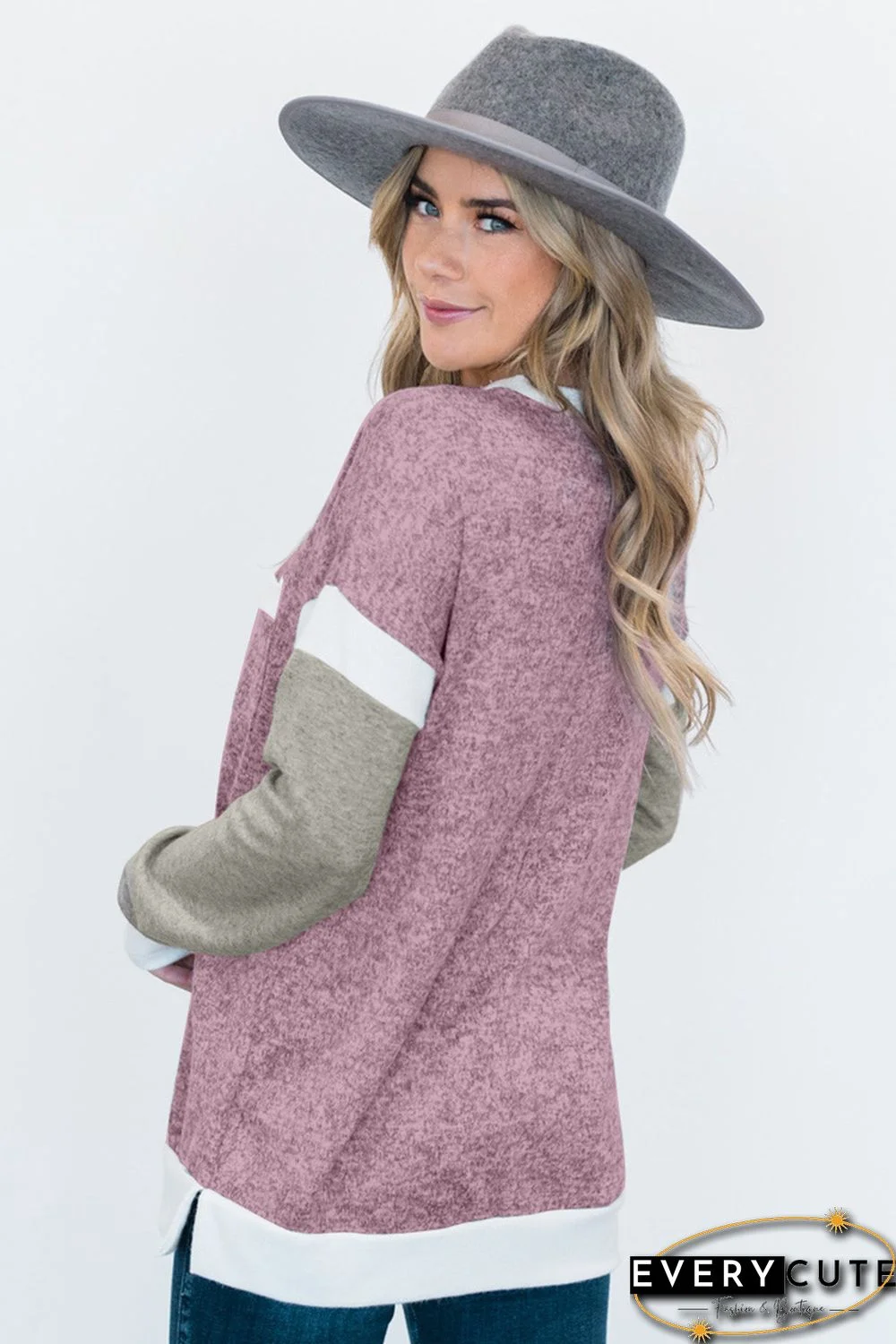 Splicing Sleeve Pink Knit Top