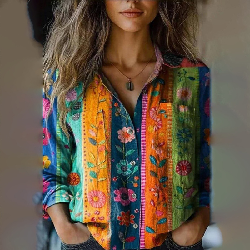 Comstylish Vintage Striped Floral Print Women's Linen Shirt