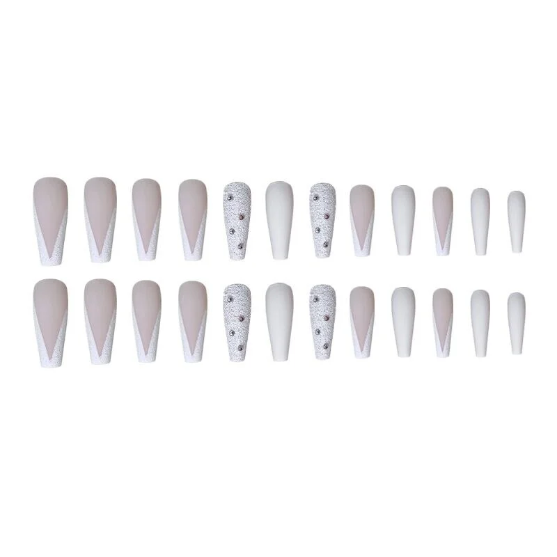 24pcs/Set French Fake Nails Extra Long Rhinestone Decal V Shaped Matte False Nails with Glue Acrylic Ballet Nail Makeup Tips-Nail Inspo