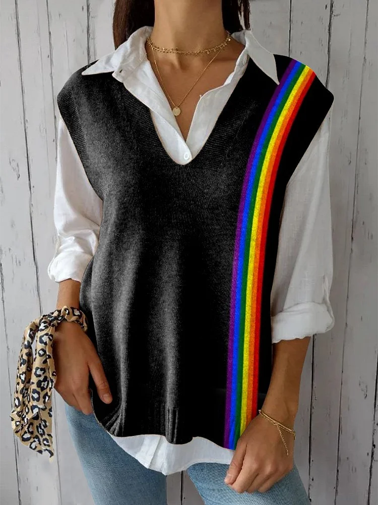 Women's Rainbow  Art Print Versatile Knitted Vest
