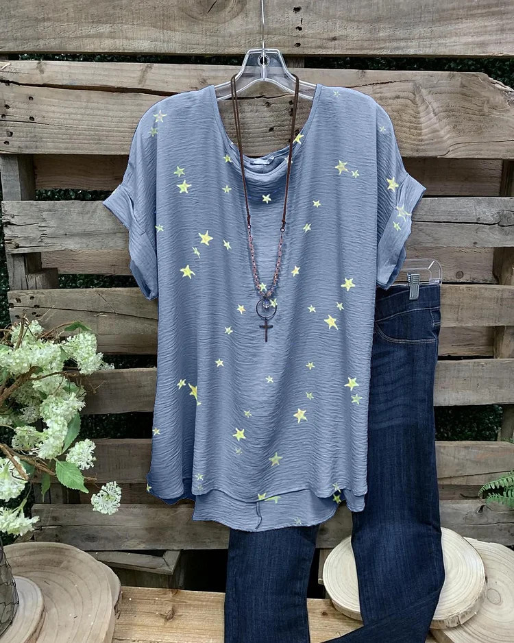 Galaxy Star Print Ladies Casual Short Sleeve-Mayoulove