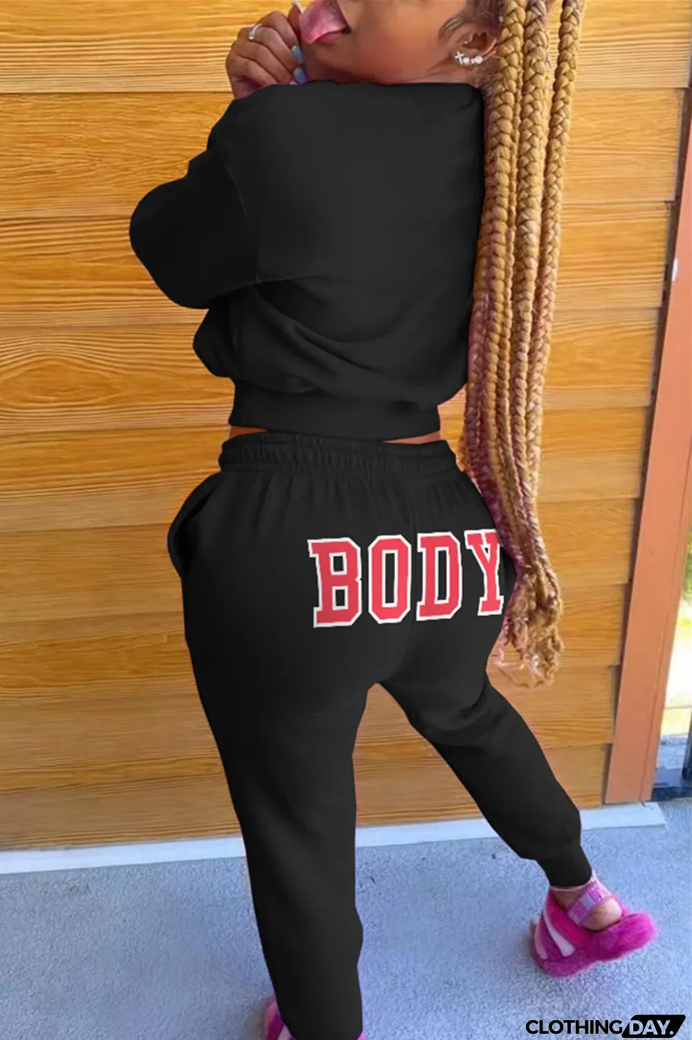 Pink Fashion Casual Letter Print Basic O Neck Long Sleeve Two Pieces