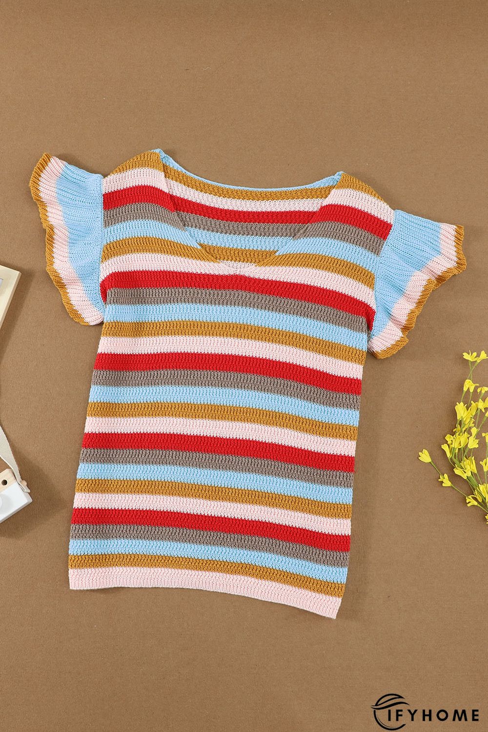 Multi-color Striped Ruffle Short Sleeve Knit Top | IFYHOME
