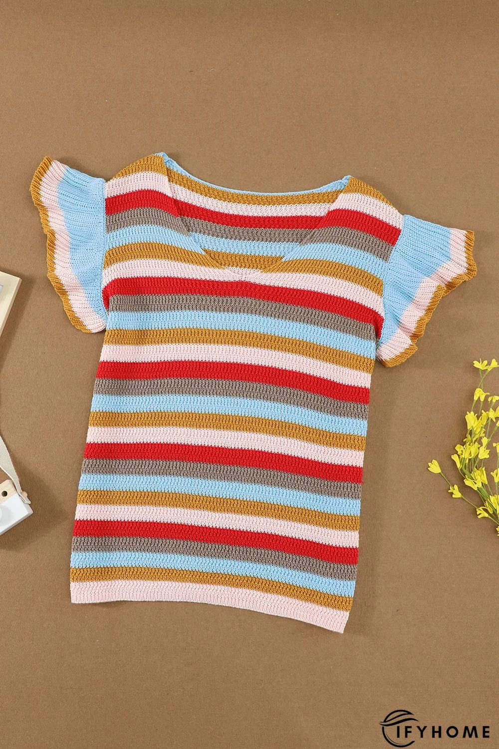 Multi-color Striped Ruffle Short Sleeve Knit Top | IFYHOME