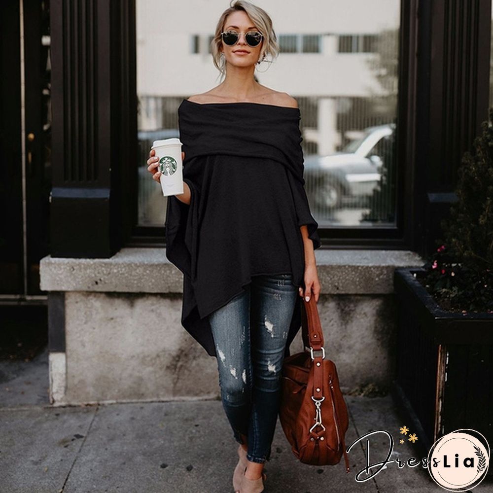 Sexy Women Gauffer Boat Neck Off Shoulder Loose Blouse Bat Sleeve Casual Shirts