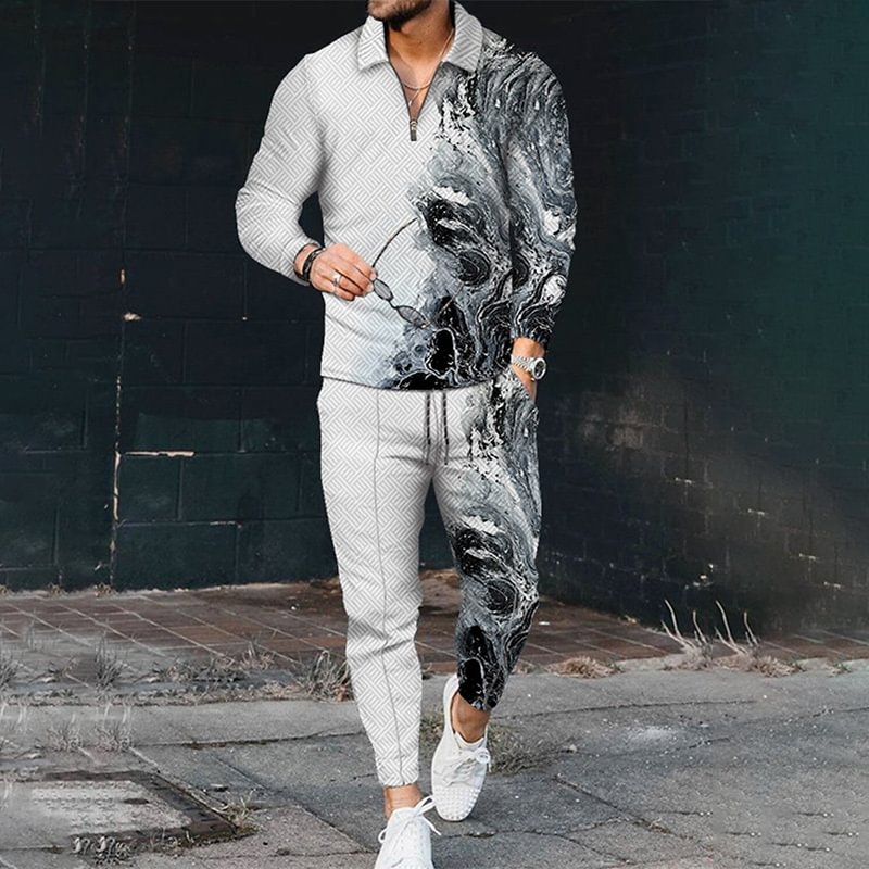 Men's Personalized Stitching Polo Shirt And Pants Two Piece Set