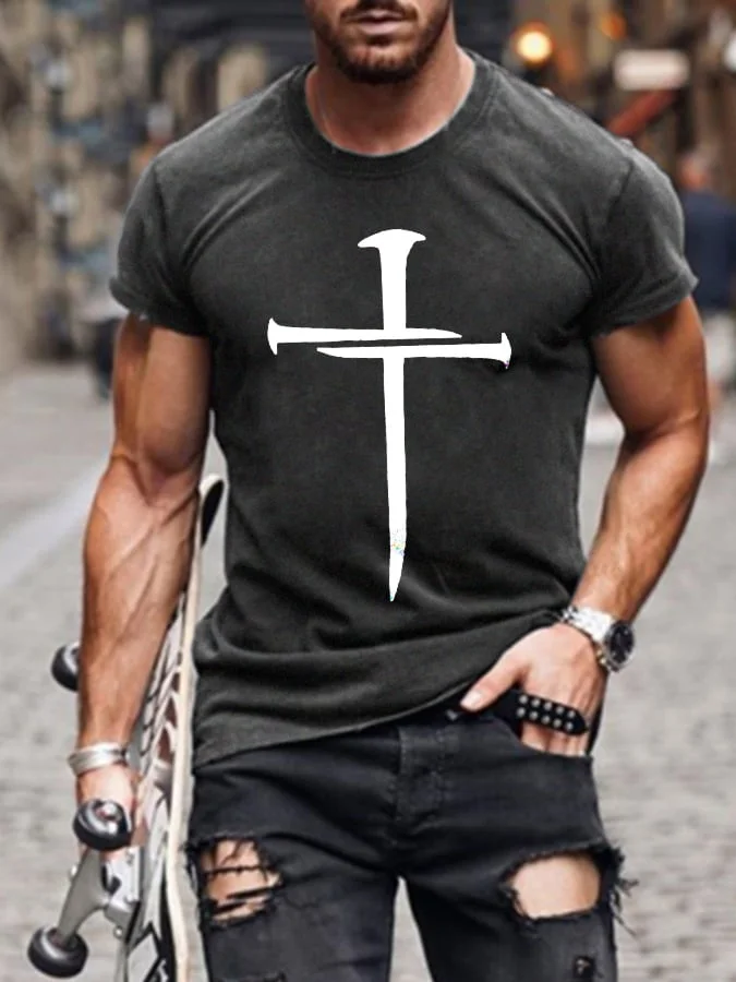 Men's Nail Cross Faith Print Casual Tee socialshop