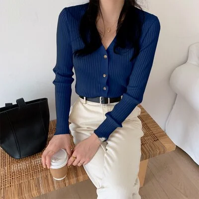 Spring Summer Korean Style Knitted Sweaters Women Buttons Cardigan Slim Ladies Fashion Long Sleeve Top