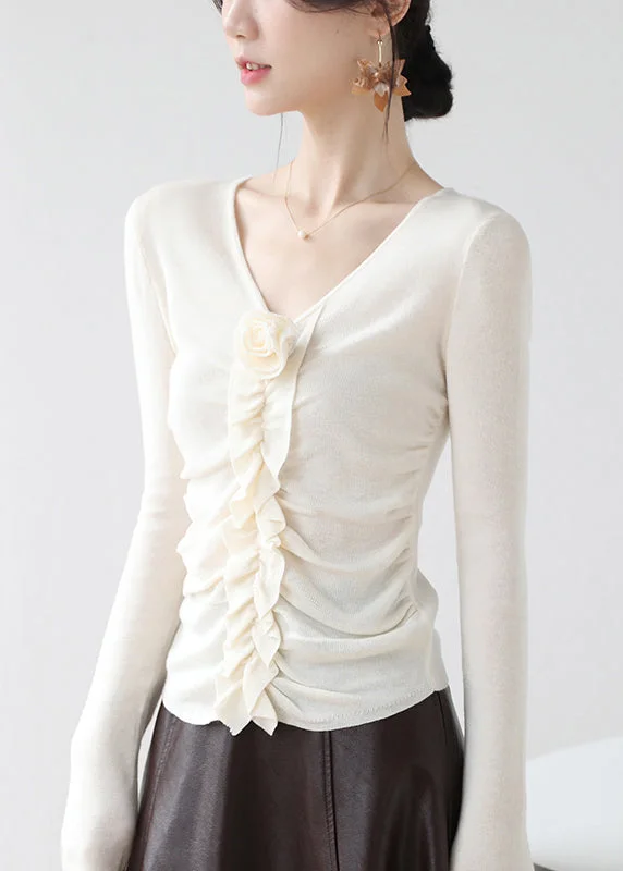 Chic Beige V Neck Ruffled Floral Knit Top Spring