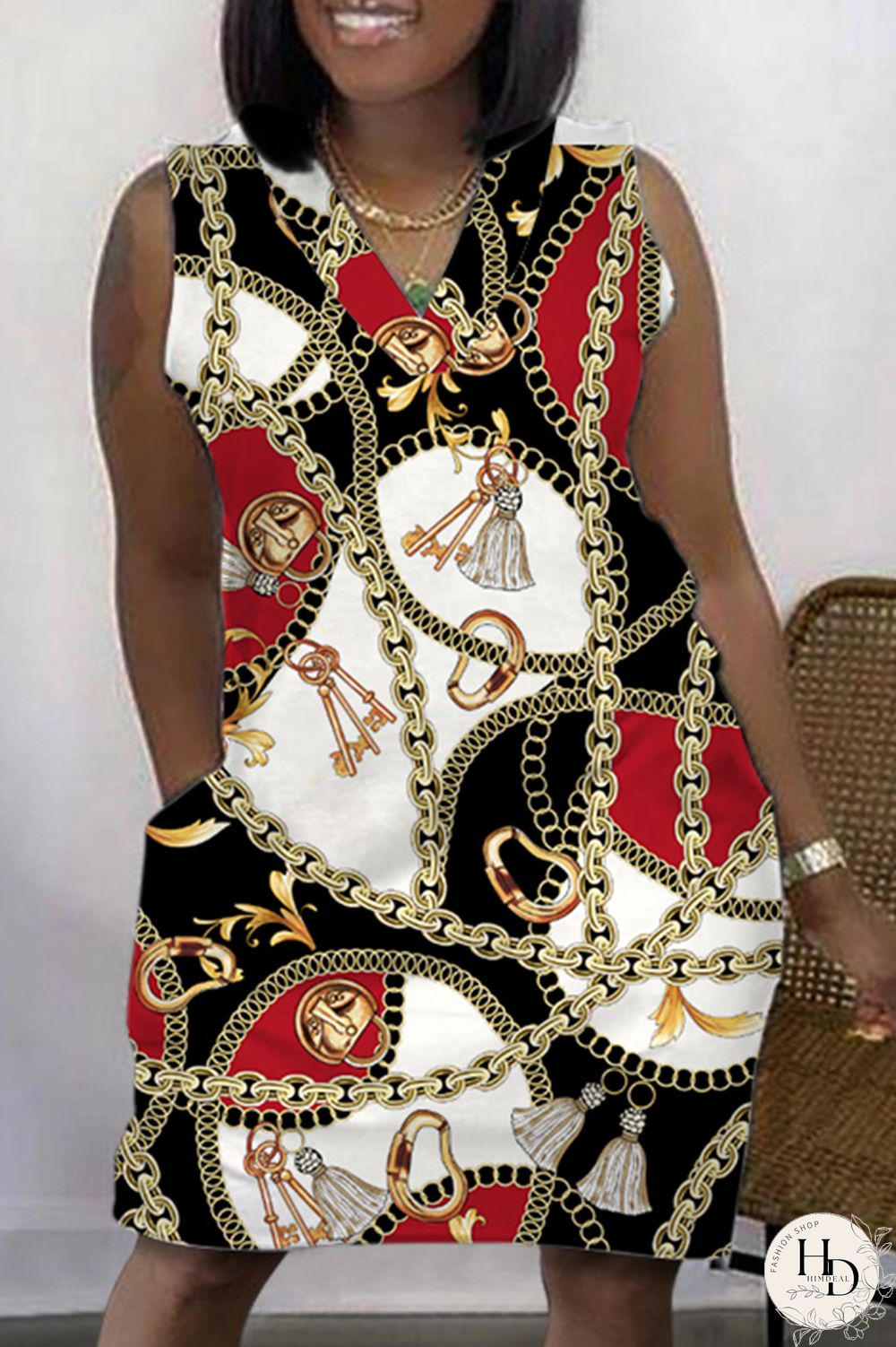 Black Fashion Casual Print Patchwork V Neck Sleeveless Plus Size Dress