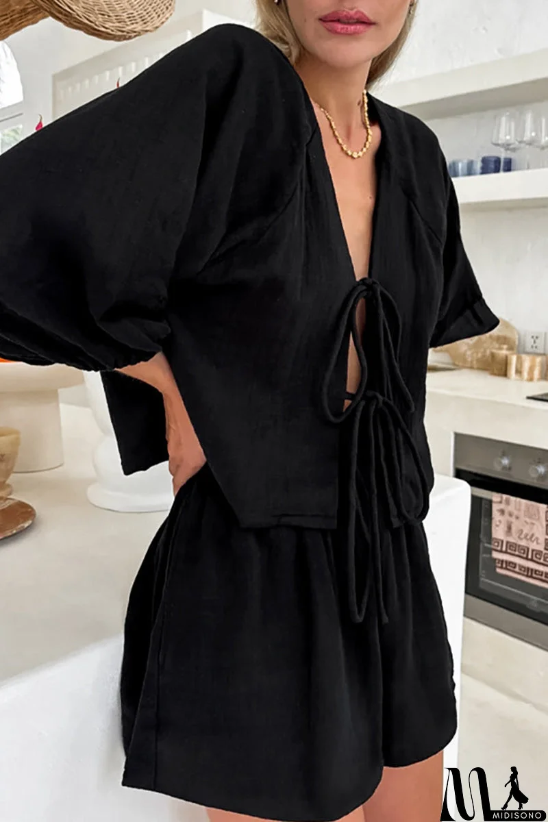 MidiSono - Casual Daily Solid Color Pocket Lace Up V Neck Long Sleeve Two Pieces