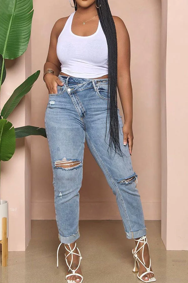 Gradient Chic Ripped Burrs Irregular Jeans