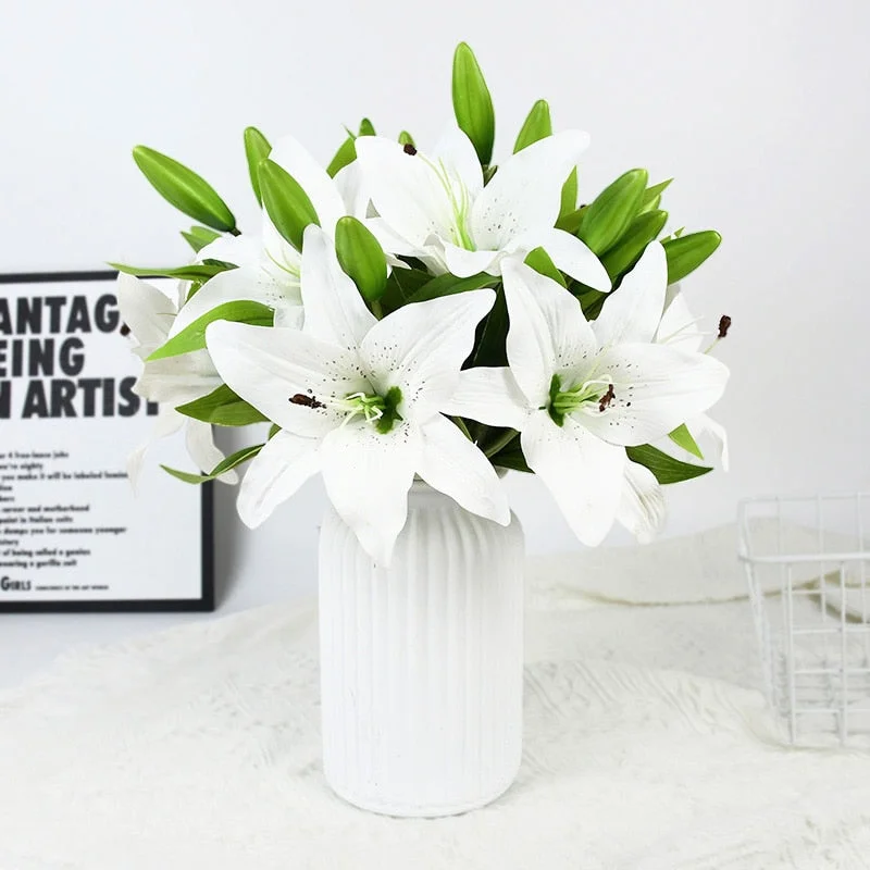 5Pcs 38cm White Lily Artificial Flowers Party Wedding Bridal Bouquet Fake Plant for Living Room Home Garen Decoration Real Touch