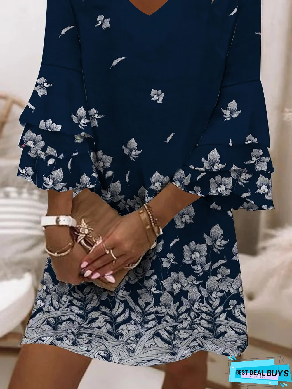 Casual V Neck Loosen Short Sleeve Woven Tunic Dress