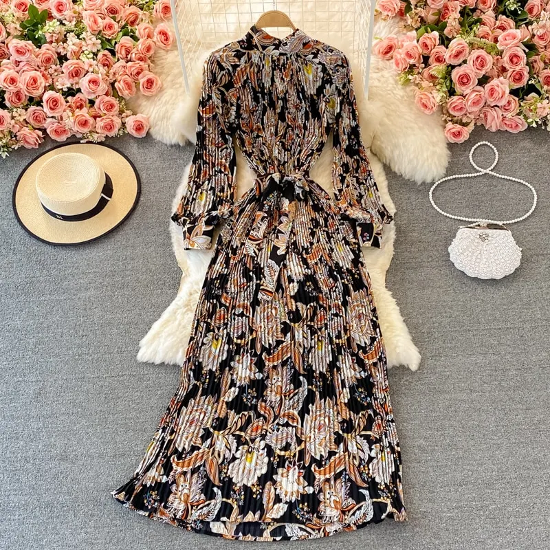 Uveng New Women French Loose Pleated Printed Long Dress Elegant Long Sleeve A-line Lady Clothes Autumn Female Maxi Dress