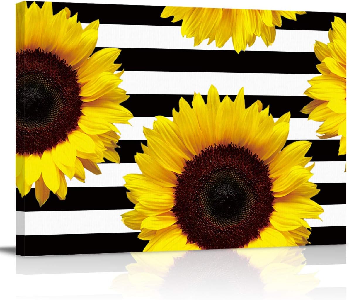 Farmhouse Yellow Sunflower and Striped Canvas Wall Art Prints Painting Picture, Black White Walls Decor Artworks for Living Room Bedroom Bathroom, Ready to Hang Arts, 16x24In 16x24in