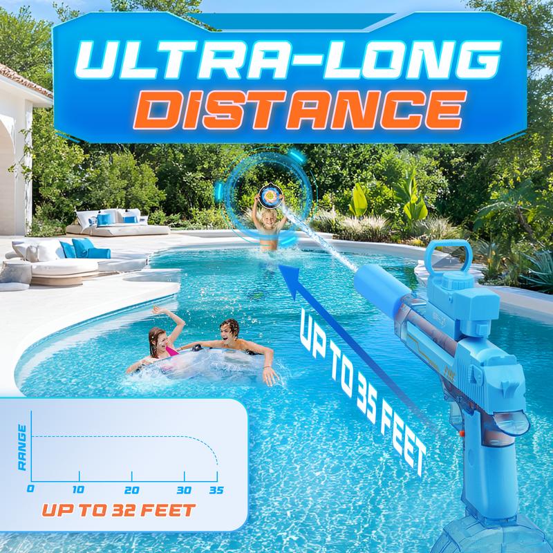 Product Introduction of Electric Water Blaster with LED Lights, Water Shooter Powerful Squirt Water Pistol for Kids/Aldults, Long Range Shoot Reach 26-35ft, High Powered IP67 Waterproof for Summer, Outdoor,Party,Birthday Gift，  Swimming Pools 15