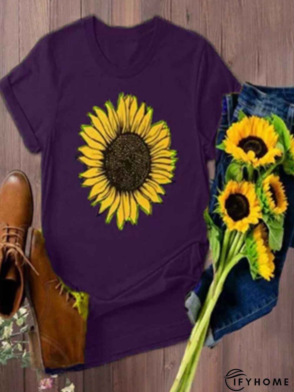 Vintage Short Sleeve Sunflower Printed Casual Top | IFYHOME