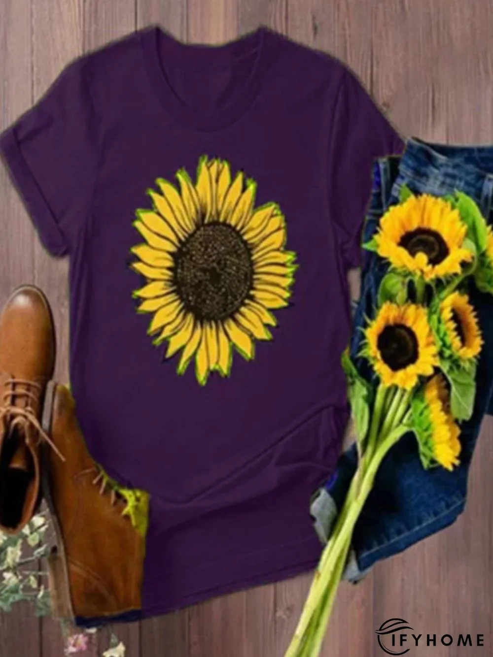 Vintage Short Sleeve Sunflower Printed Casual Top | IFYHOME