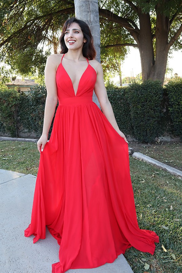 Dresseswow Red Halter V-Neck Long Evening Dress Sleeveless