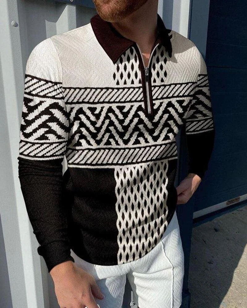 men's casual printed polo long sleeves