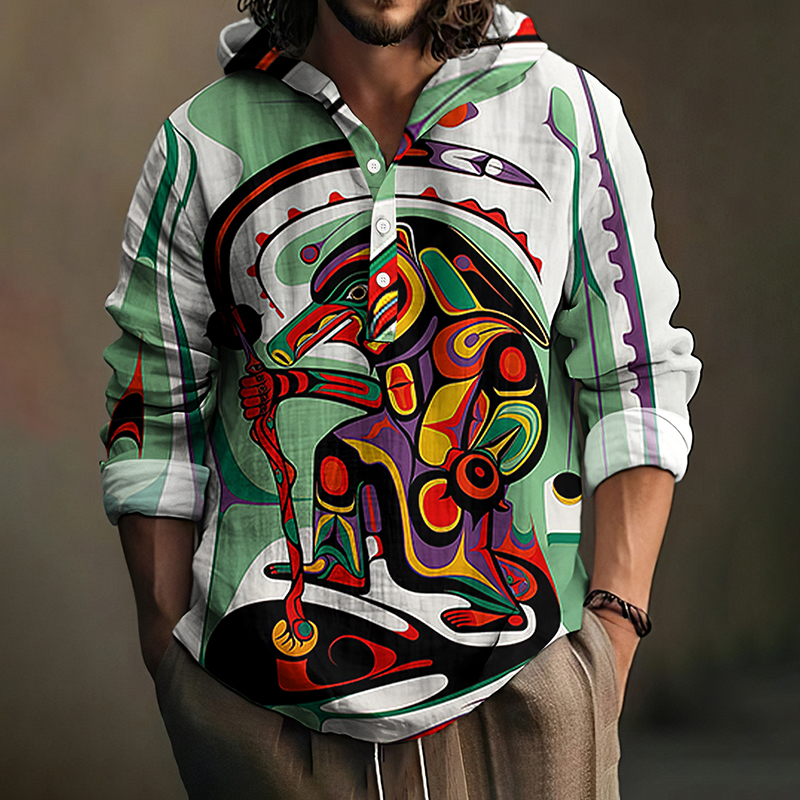 Men's Canadian Aboriginal Art Print Linen Blend Hooded Shirt