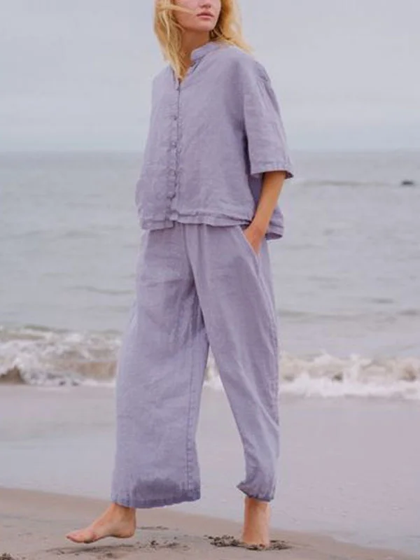 Holiday beach cotton linen short sleeve shirt women's sets