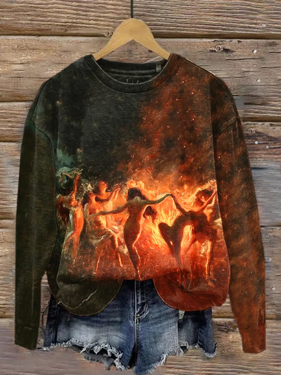 Felpa del collo rotondo dell'illustrazione di arte di notte della ragazza di danza del fuoco