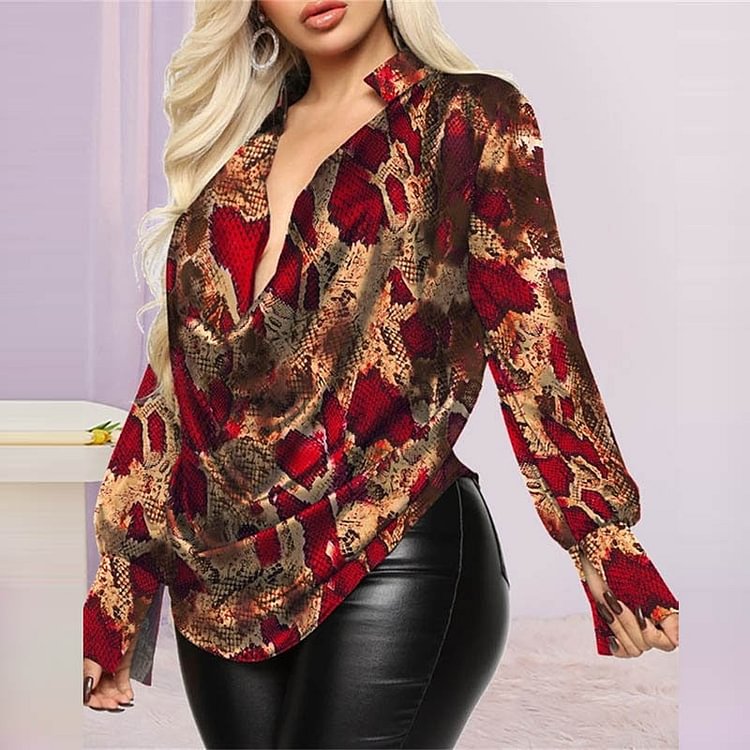Women Loose Casual Printed All-match Blouses Spring Autumn Fashion Long Sleeves Deep V Neck Pullover Elegant Commute Lady Shirts