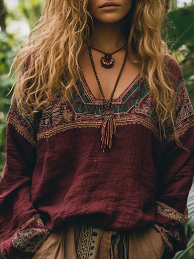 Bohemian Vacation Vintage Linen Print Casual Long Sleeved Top