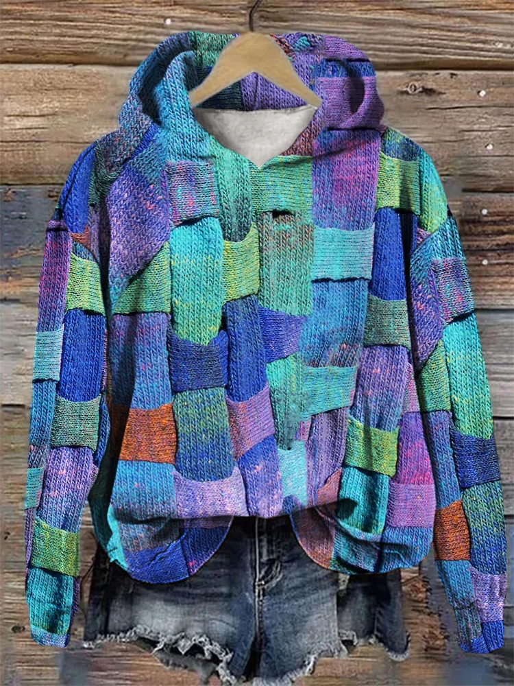 Comstylish Colorblock Knit Art Cozy Hoodie