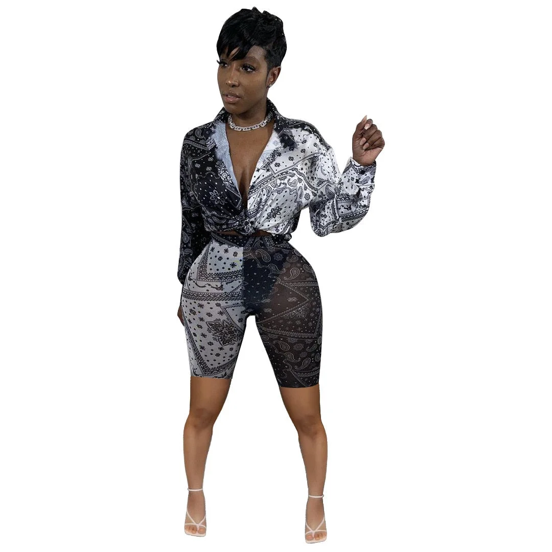 CM.YAYA Bandanna Paisley Print Women's Set Streetwear Long Sleeve Blouses Shirts and Shorts Matching Two 2 Piece Set Outfits