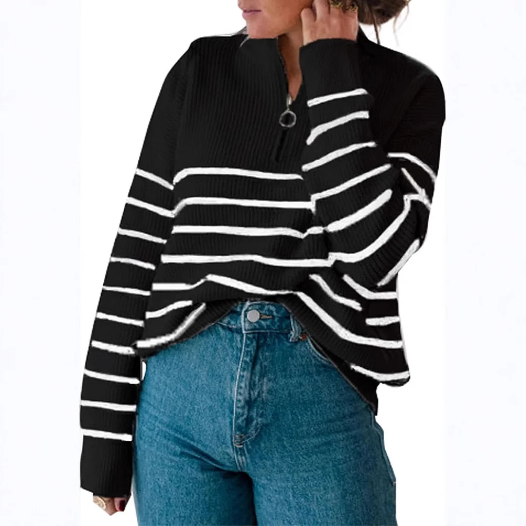 Wongn Wongn And Winter Women's Sweater Fashion Women's Long Sleeve Knit Zip Striped Pulper