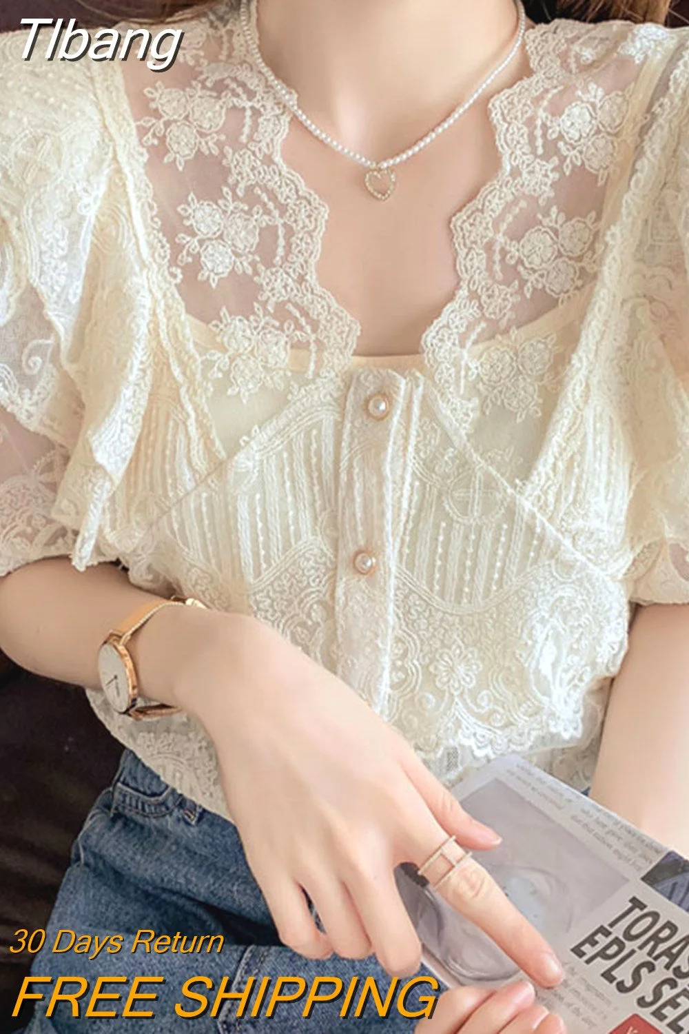 Tlbang Summer V Neck Lace Shirt Fashion Short Sleeve Ruffle Stitching Sweet Women Tops with Suspenders Korean Crochet Blouse 14507