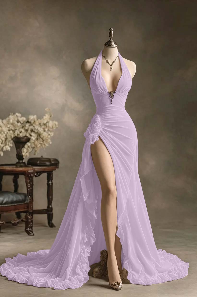 Lussooy Halter Burgundy Straps V-Neck Evening Dress Beading Ruffles With High Split