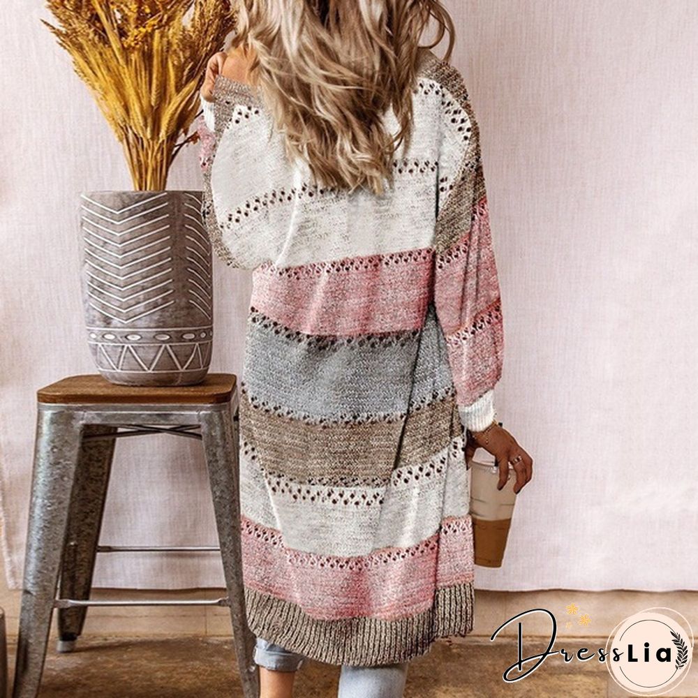 New Fashion Women Cardigan Comfy Stylish Stitching Long Sleeve Striped Patchwork Sweater Female Casual Long Cardigan Autumn Winter Tops