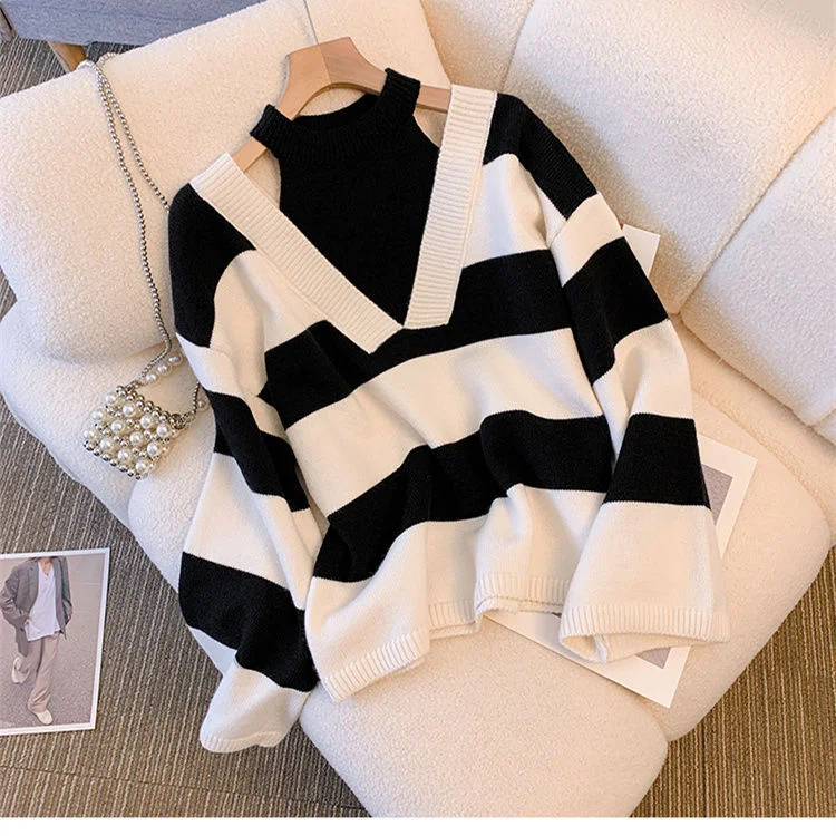 Uveng Uveng New Lazy Play Fake Two Hanging Neck Striped Sweater Gas Age-Relay Knitted Shirt
