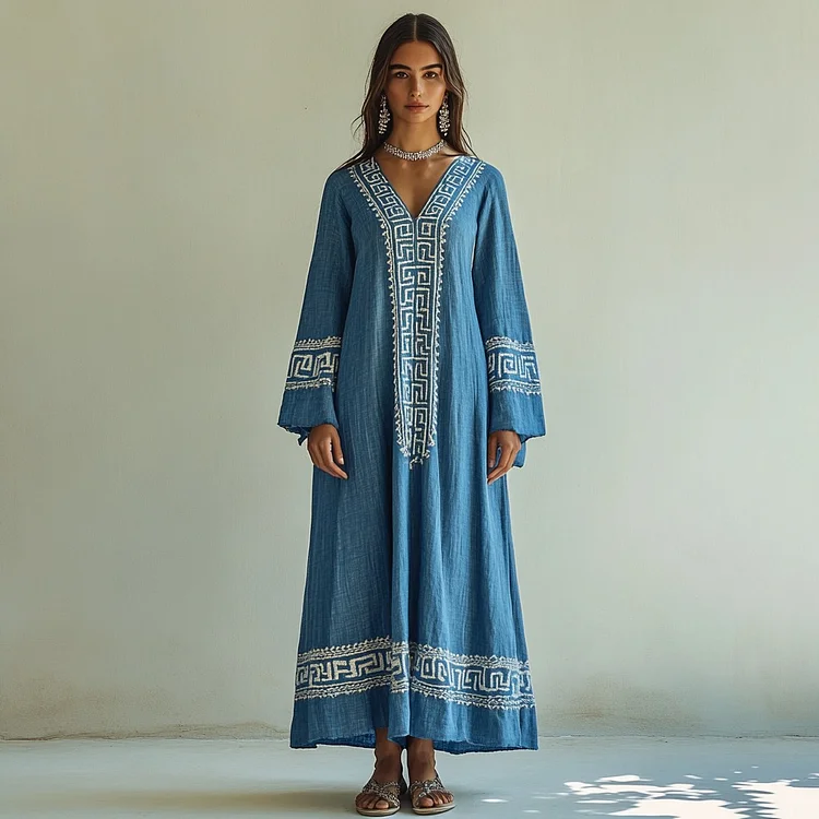 Utbros Retro Greek Key Graphics V Neck Linen Blend Maxi Dress