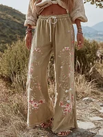 Women's Retro Bohemian Rose Art Linen Pants