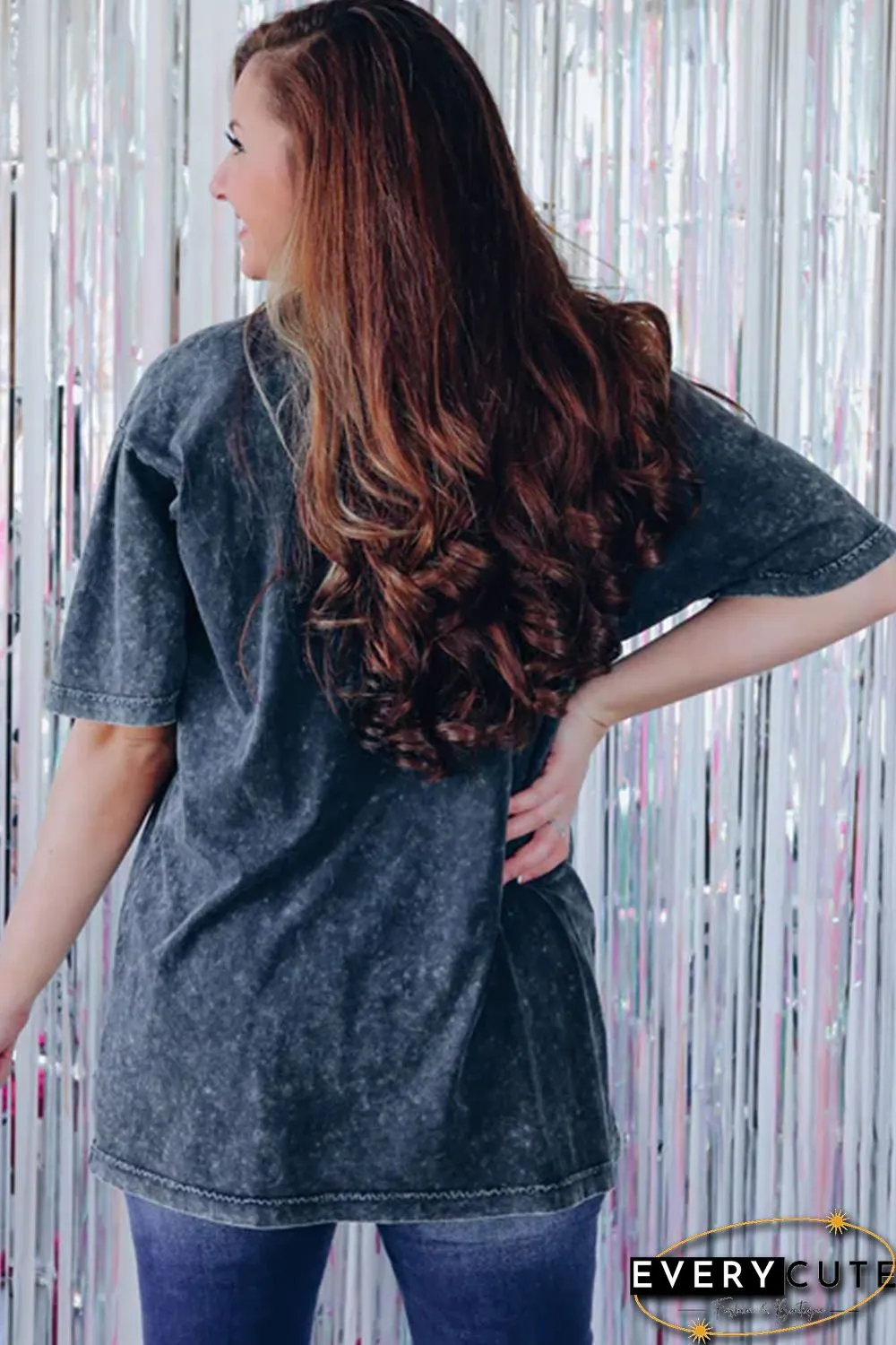 Black YEE HAW Boots Graphic Acid Wash Short Sleeve Top