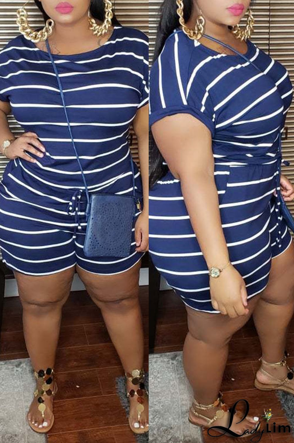 Blue Fashion Casual Striped Print Basic O Neck Plus Size Jumpsuits