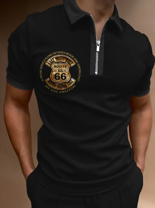 Route 66 Print Men's Zip Polo Casual T-Shirt