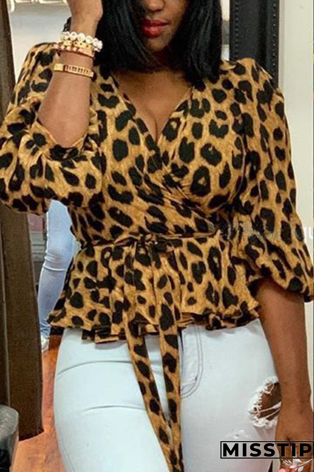 Grey Street Leopard Bandage V Neck Tops